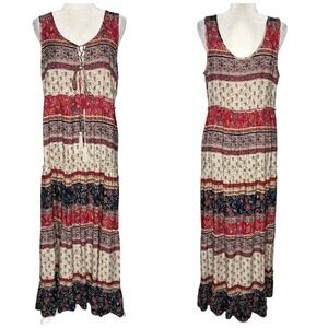 Beach Lunch Lounge Maxi Dress M Tiered Rust Tan Batik Sleeveless Hippie Boho